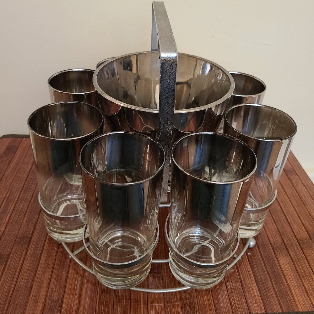 MCM Dorothy Thorpe Style Silver Fade Cocktail (8) Glasses/ Caddy/ Ice Bucket - Picture 2 of 12
